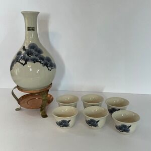 Dong Ah Stone Ware Korean Sake Set Blue Pine Tree Decanter 6 Cups Warming Stand